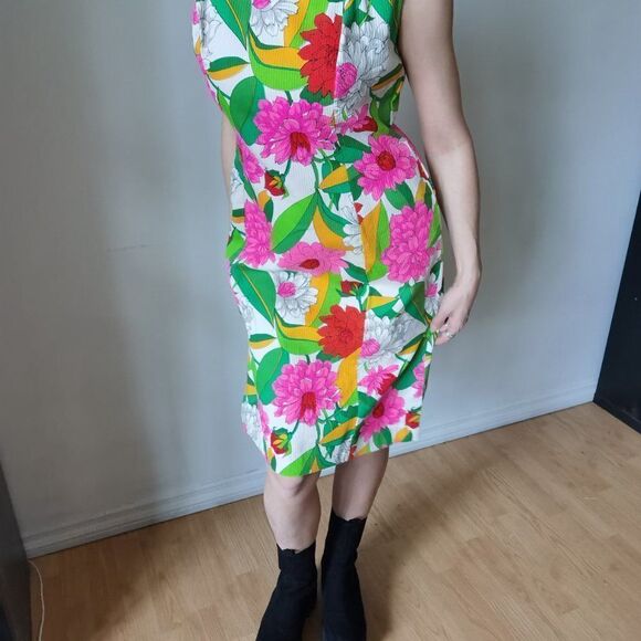 Floral Midi Dress 60s 70s Bark Cloth Bright Spring Vintage - Picture 8 of 9
